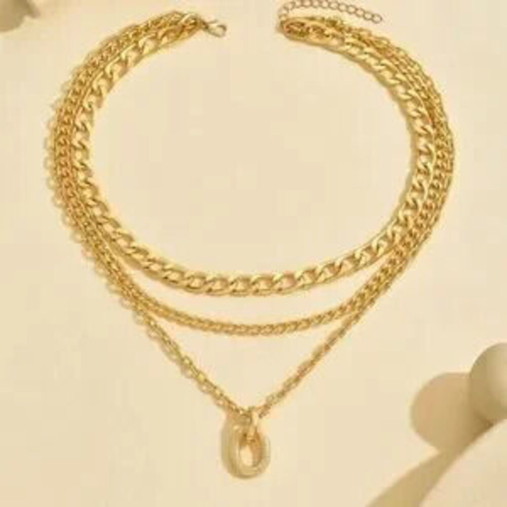 Gold 1pc Layered Chain Necklace Layered Pendant Necklace - Picture 2 of 2